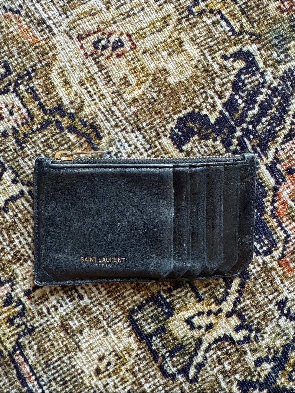 SAINT LAURENT Paris Black Leather 5 Fragments Zip Card Holder Wallet